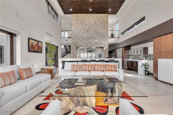 Fireplace, Interior, Living room, Recessed Lighting, Stone Walls, Wooden Ceilings