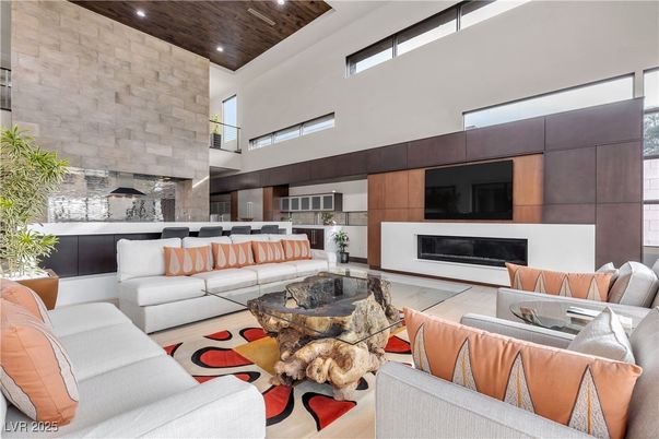 Fireplace, Interior, Living room, Recessed Lighting, Stone Walls, Wooden Ceilings, Wood Texture Flooring