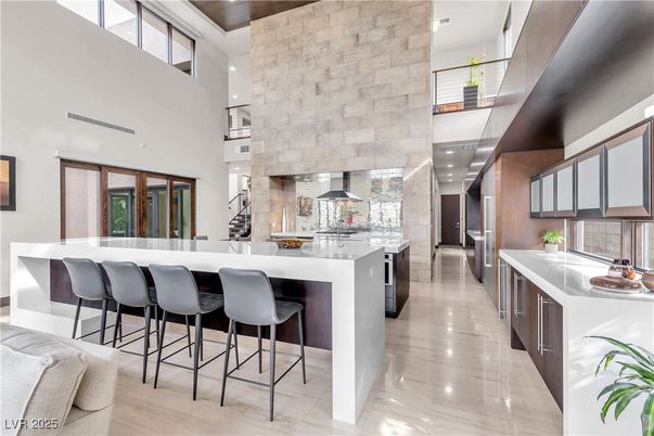 Fireplace, Interior, Kitchen, Recessed Lighting, Stone Walls
