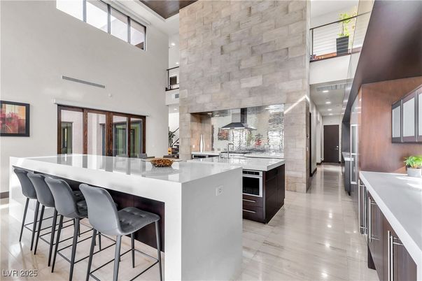 Fireplace, Interior, Kitchen, Recessed Lighting, Stone Walls