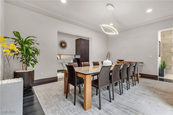 Dining room, Interior, Pendant Lights, Recessed Lighting, Wood Texture Flooring