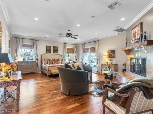 Bedroom, Fireplace, Interior, Living room, Recessed Lighting, Wood Texture Flooring