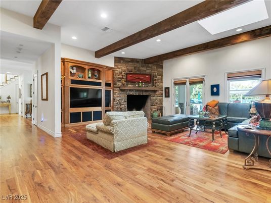 Fireplace, Interior, Living room, Recessed Lighting, Stone Walls, Wooden Beams, Wood Texture Flooring