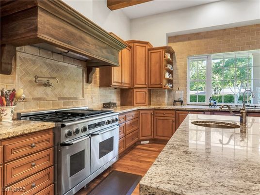 Interior, Kitchen, Stainless Steel Appliances, Stone Walls, Wooden Beams, Wood Texture Flooring