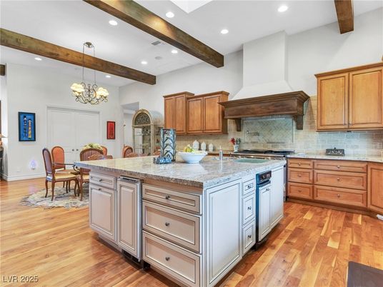 Chandelier, Dining room, Interior, Kitchen, Recessed Lighting, Stainless Steel Appliances, Wooden Beams, Wood Texture Flooring