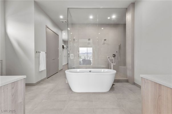 Bathroom, Free Standing Baths, Glass Shower, Interior, Recessed Lighting