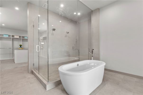 Bathroom, Free Standing Baths, Glass Shower, Interior, Recessed Lighting