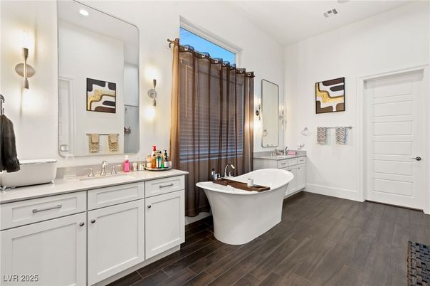 Bathroom, Dual Sink Vanities, Free Standing Baths, Interior, Recessed Lighting, Wood Texture Flooring