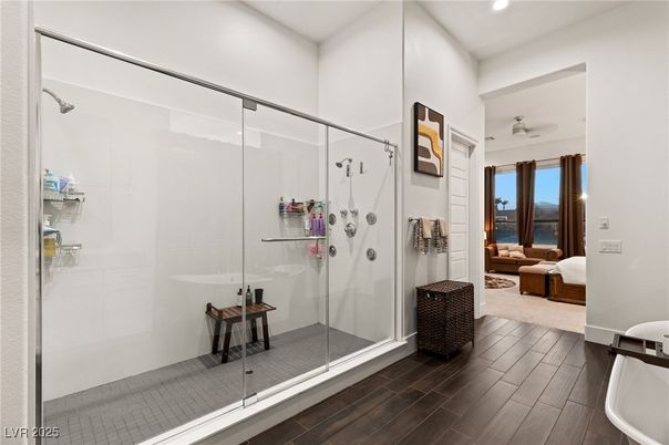 Bathroom, Bedroom, Glass Shower, Interior, Recessed Lighting, Water, Wood Texture Flooring