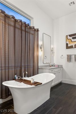 Bathroom, Dual Sink Vanities, Free Standing Baths, Interior, Wood Texture Flooring