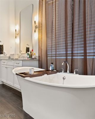 Bathroom, Dual Sink Vanities, Free Standing Baths, Interior, Wood Texture Flooring