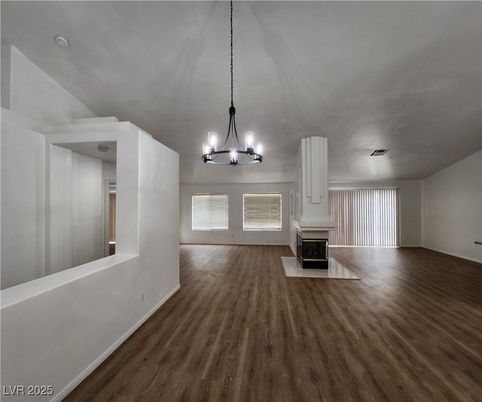 Chandelier, Empty room, Fireplace, Interior, Pendant Lights, Wood Texture Flooring