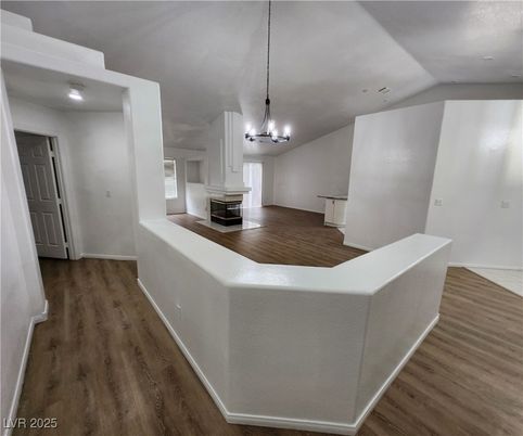 Fireplace, Interior, Pendant Lights, Recessed Lighting, Wood Texture Flooring
