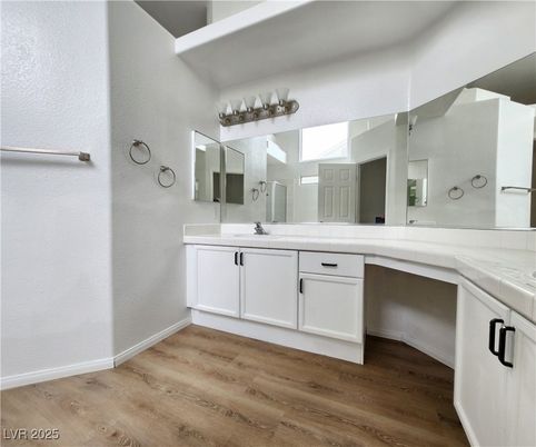 Bathroom, Dual Sink Vanities, Interior, Tile Countertops, Wood Texture Flooring