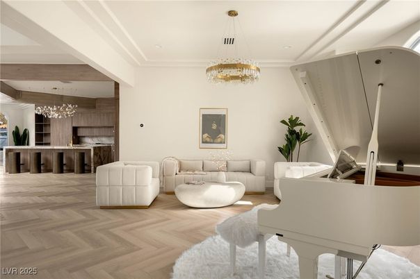 Chandelier, Interior, Kitchen, Living room, Pendant Lights, Piano, Recessed Lighting, Wood Texture Flooring