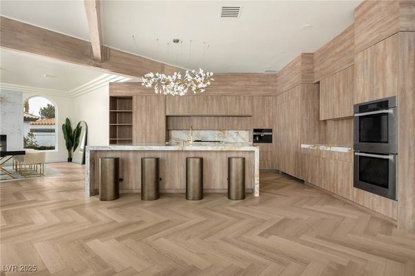 Dining room, Interior, Kitchen, Pendant Lights, Recessed Lighting, Stainless Steel Appliances, Wooden Beams, Wood Texture Flooring
