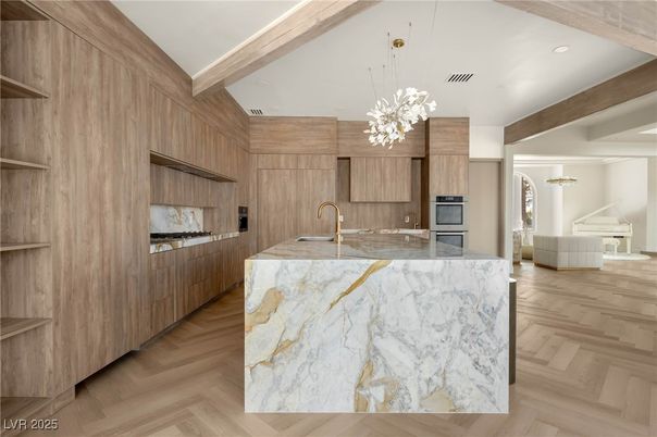 Interior, Kitchen, Pendant Lights, Recessed Lighting, Stainless Steel Appliances, Wooden Beams, Wood Texture Flooring