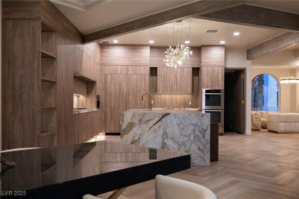 Interior, Kitchen, Pendant Lights, Recessed Lighting, Stainless Steel Appliances, Wooden Beams, Wood Texture Flooring