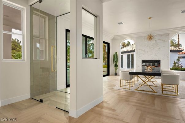 Dining room, Fireplace, Interior, Pendant Lights, Recessed Lighting, Wood Texture Flooring