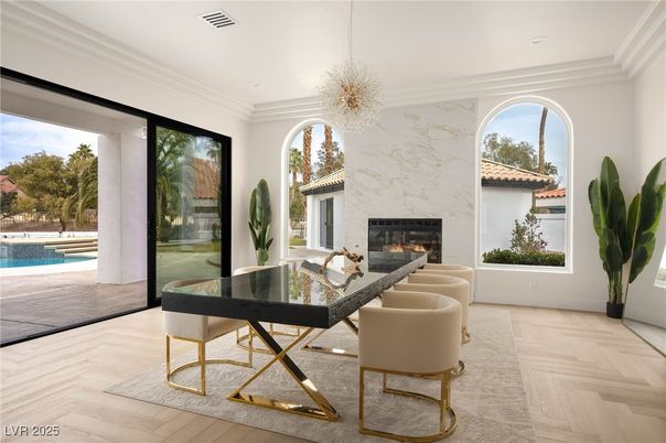 Fireplace, Home Office, Interior, Pendant Lights, Recessed Lighting, Wood Texture Flooring