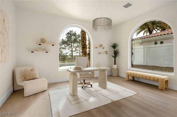 Chandelier, Home Office, Interior, Pendant Lights, Recessed Lighting, Wood Texture Flooring
