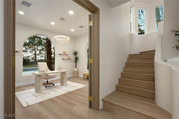 Home Office, Interior, Pendant Lights, Recessed Lighting, Wood Texture Flooring