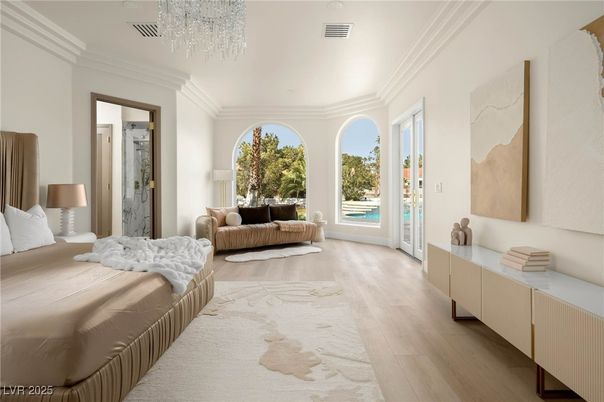 Bedroom, Chandelier, Interior, Recessed Lighting, Wood Texture Flooring