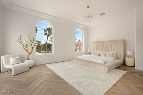 Bedroom, Chandelier, Interior, Recessed Lighting, Wood Texture Flooring