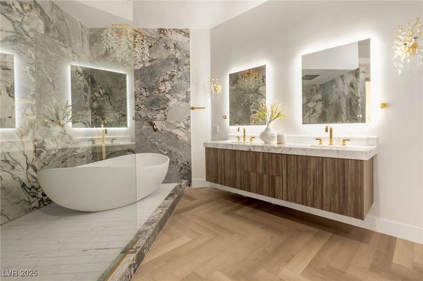 Bathroom, Dual Sink Vanities, Free Standing Baths, Interior, Marble Walls, Wood Texture Flooring