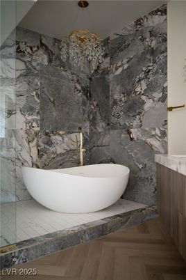 Bathroom, Free Standing Baths, Interior, Marble Walls, Wood Texture Flooring