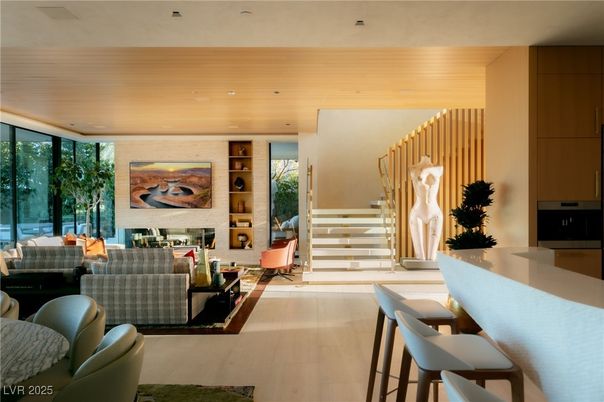 Fireplace, Interior, Living room, Recessed Lighting, Stone Walls, Wooden Ceilings, Wood Texture Flooring