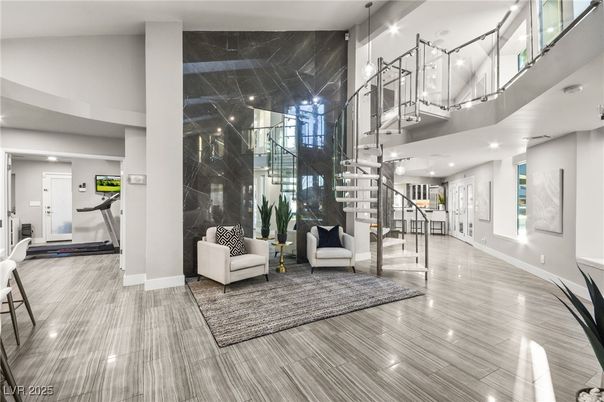 Interior, Marble Walls, Recessed Lighting, Wood Texture Flooring