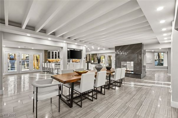 Dining room, Fireplace, Interior, Recessed Lighting