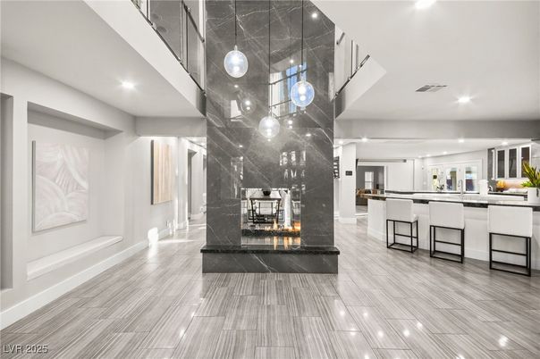 Fireplace, Interior, Kitchen, Marble Walls, Pendant Lights, Recessed Lighting