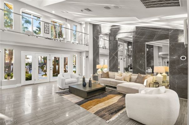 Interior, Living room, Marble Walls, Recessed Lighting, Wood Texture Flooring