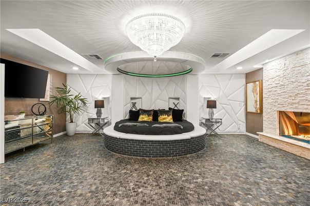 Chandelier, Fireplace, Interior, Recessed Lighting, Stone Walls