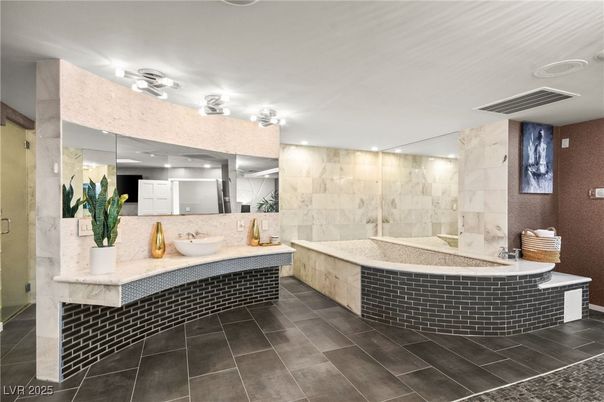 Bathroom, Glass Shower, Interior, Marble Walls, Recessed Lighting