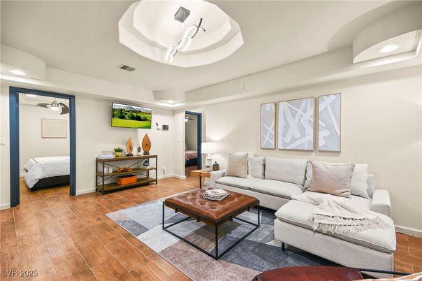 Bedroom, Interior, Living room, Recessed Lighting, Wood Texture Flooring