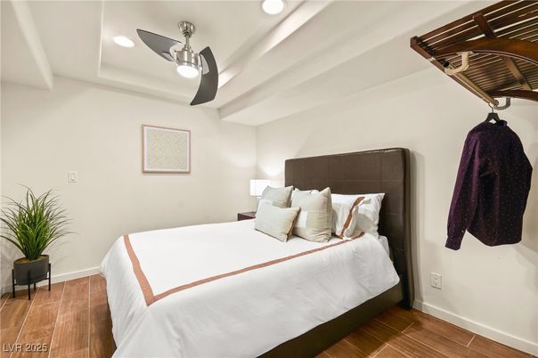 Bedroom, Interior, Recessed Lighting, Wood Texture Flooring