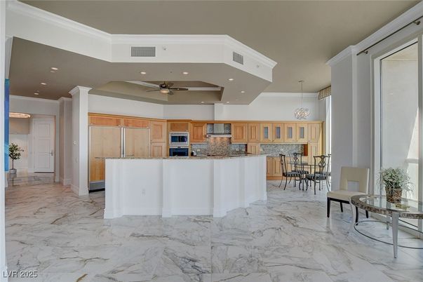 Dining room, Interior, Kitchen, Marble, Pendant Lights, Recessed Lighting, Stainless Steel Appliances