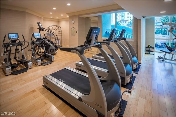 Fitness Equipment, Gym, Interior, Recessed Lighting, Wood Texture Flooring