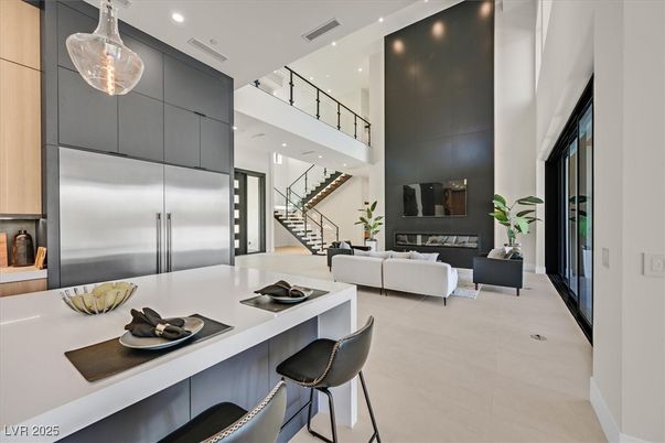 Fireplace, Interior, Kitchen, Living room, Pendant Lights, Recessed Lighting, Stainless Steel Appliances