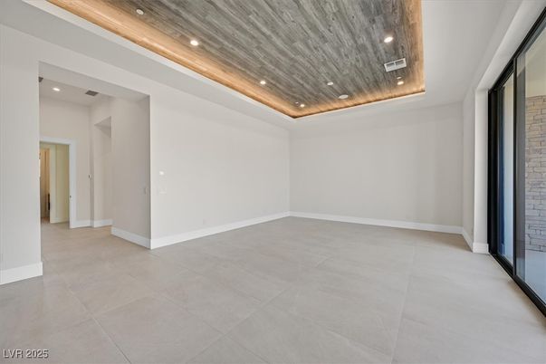 Empty room, Interior, Recessed Lighting, Stone Walls, Wooden Ceilings