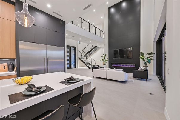 Fireplace, Interior, Kitchen, Living room, Pendant Lights, Recessed Lighting, Stainless Steel Appliances