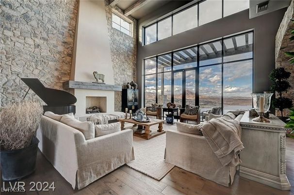 Fireplace, Interior, Living room, Piano, Stone Walls, Water, Wood Texture Flooring