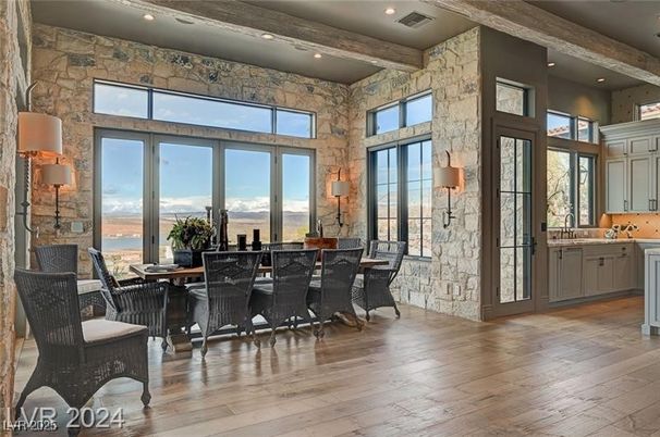 Dining room, Interior, Kitchen, Recessed Lighting, Stone Walls, Water, Wooden Beams, Wood Texture Flooring