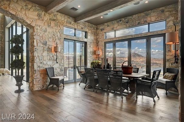 Dining room, Interior, Recessed Lighting, Stone Walls, Wooden Beams, Wood Texture Flooring