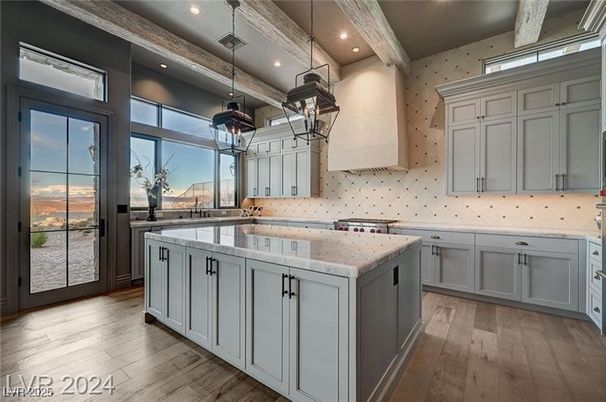 Interior, Kitchen, Pendant Lights, Recessed Lighting, Wooden Beams, Wood Texture Flooring