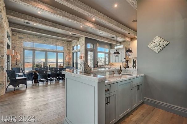 Dining room, Interior, Kitchen, Living room, Pendant Lights, Recessed Lighting, Stone Walls, Wood Texture Flooring