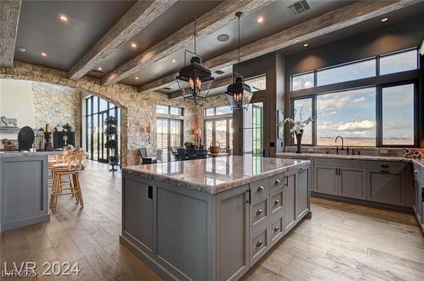 Interior, Kitchen, Pendant Lights, Recessed Lighting, Stainless Steel Appliances, Stone Walls, Wooden Beams, Wood Texture Flooring